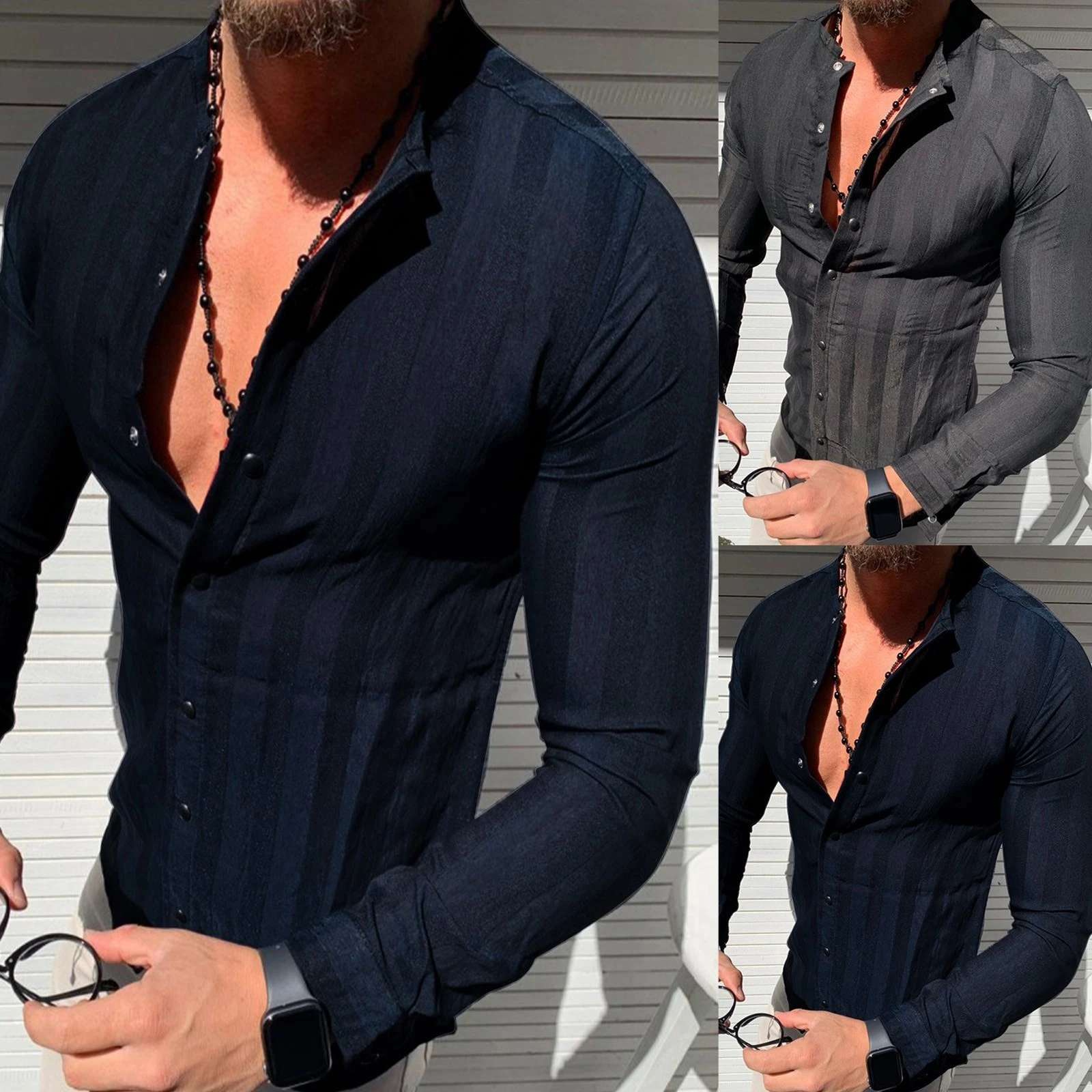 Loose Striped Shirt Men S High Neck Open Placket Casual Long Sleeve With Buttons Casual Long Sleeve With Striped Lapel Shirt Casual Shirts Aliexpress