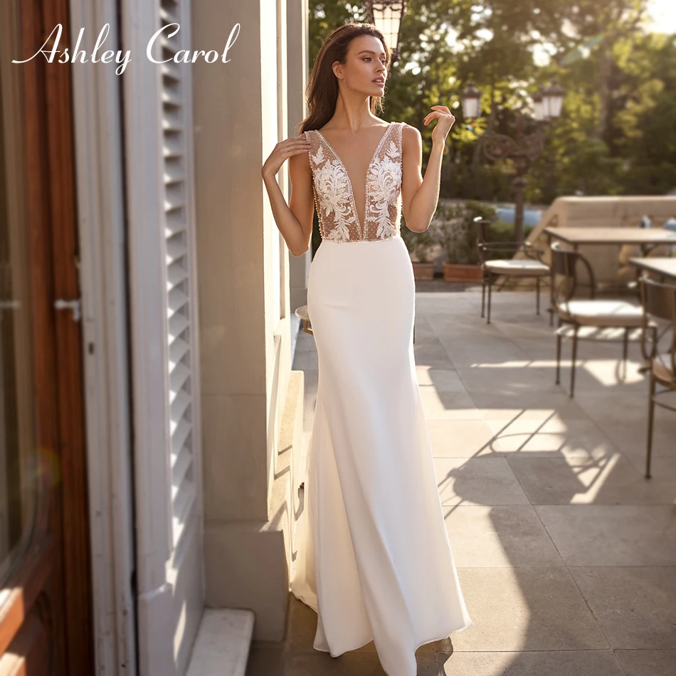 Ashley Carol Backless Mermaid Wedding Dresses 2022 Sexy Deep V-Neckline Lace Beaded Bride Satin Bridal Gowns Vestido De Noiva | Свадьбы и