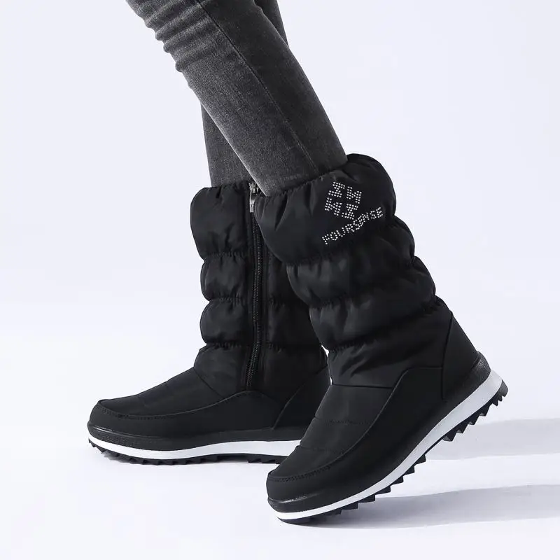 FITWEE, большие размеры 35-44, женские зимние ботинки, плюшевая Повседневная зимняя теплая обувь на молнии, женские модные ботинки средней длины до голени на толстой подошве