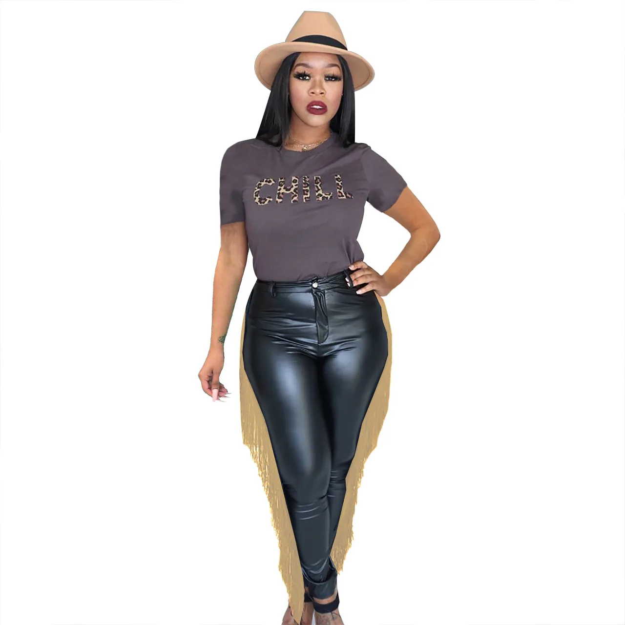 Casual PU Leather Tassel Pants Slinky Pencil Pants Elasticity High Waist Pants Streetwear Trousers Plus Size Women