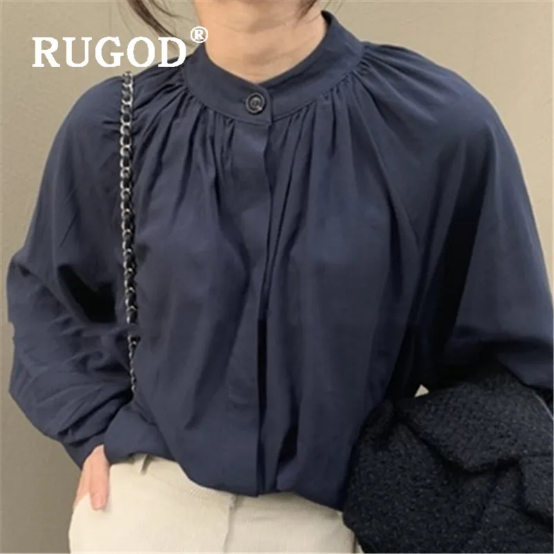 RUGOD винтажная Элегантная блузка, плиссированная рубашка, на одной пуговице, Женский Топ, весенние женские топы и блузки, корейская мода, повседневная одежда