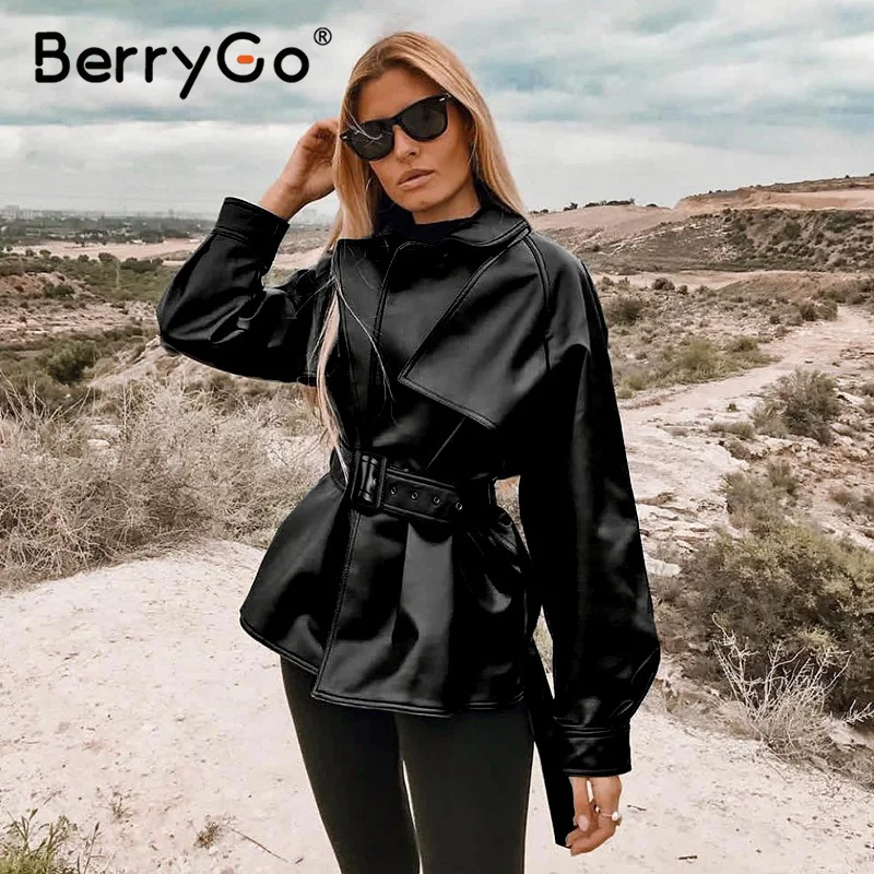 BerryGo модная черная куртка из искусственной кожи Женская с поясом длинным рукавом