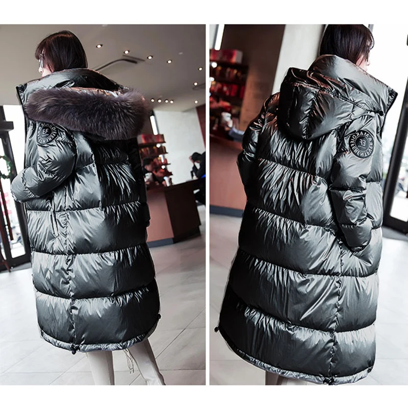 Kopen Fur Hooded Lange Winter Donsjacks Vrouwen Effen Reflecterende Plus Size Parka Streetwears Vrouwelijke Thicken Warm Duck Down Jassen Nieuwe