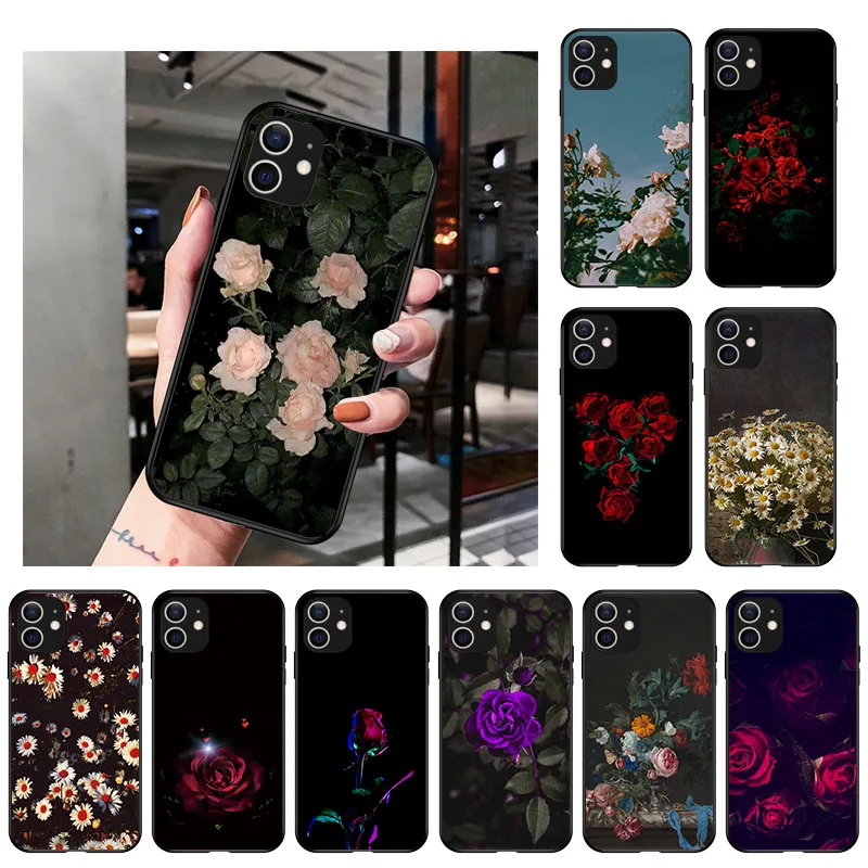 Retro Flowers Rose Leaves Black Matte Phone Case For iphone 12 11 Pro XS Max 7 8 6s Plus X XR SE2 Silicone TPU Soft Back Cover