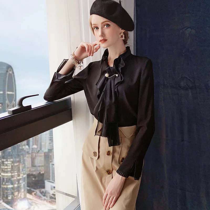 Dabuwawa Elegant Black Women Solid Chiffon Blouse