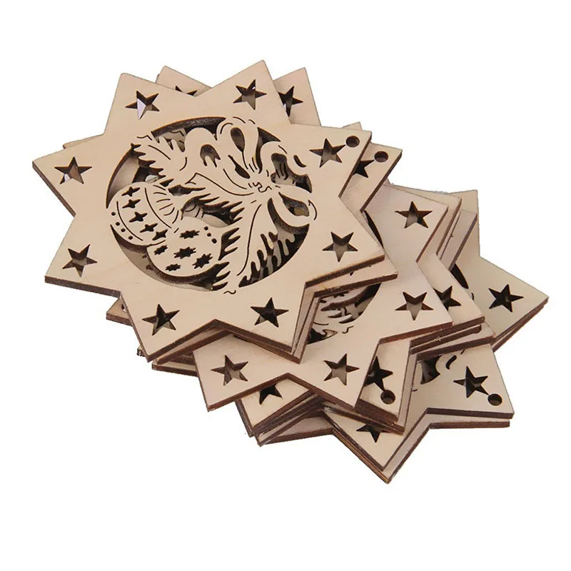 

10Pcs/set New Year Scrapbooking Crafts Decoration Christmas Octagon Bells Star Wooden Embellishments With String Ornament