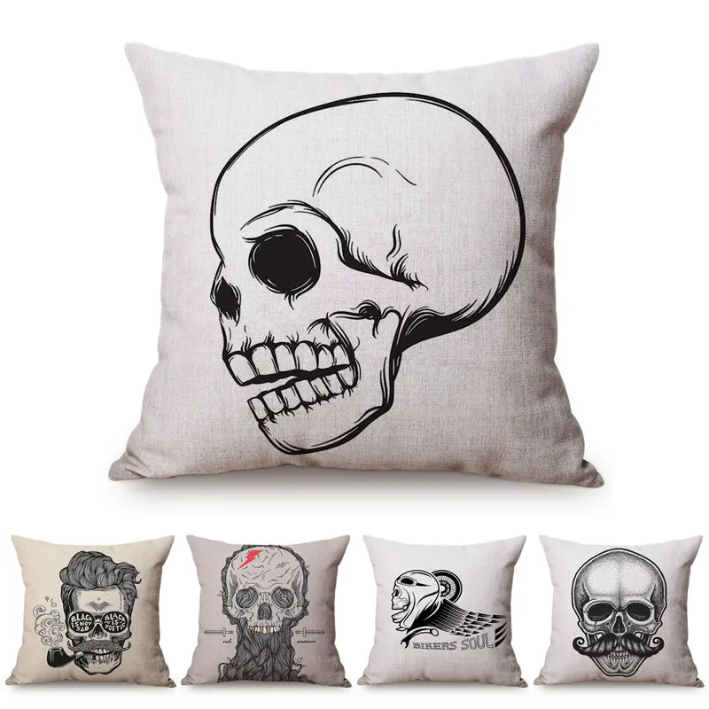 18" Throw Cushion Cover Cotton Linen Pillow Case Halloween Skull Sofa Home Decor 