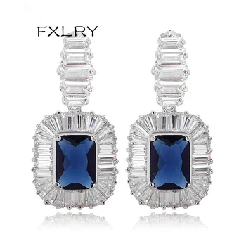 

FXLRY New Top Quality Elegant Blue Corundum Color Main Stone Cubic Zirconia Drop Earrings Female Long Big Earrings for Women