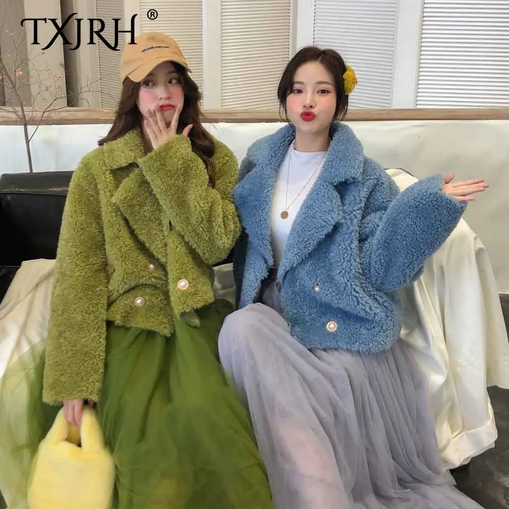 

TXJRH 2019 Stylish Faux Lamb Fur Big Lapel Hairy Shaggy Outwear Women Winter Keep Warm Double-breasted Jacket Coat Tops 3 Colors