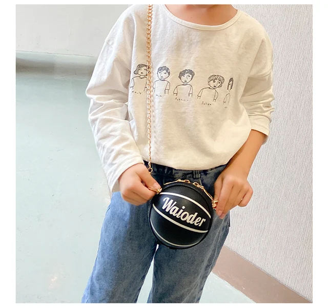 Kids Basketball Messenger Bag Children Girls Leather Round Crossbody Pack Metal Chain Strap For Holiday Travel 6