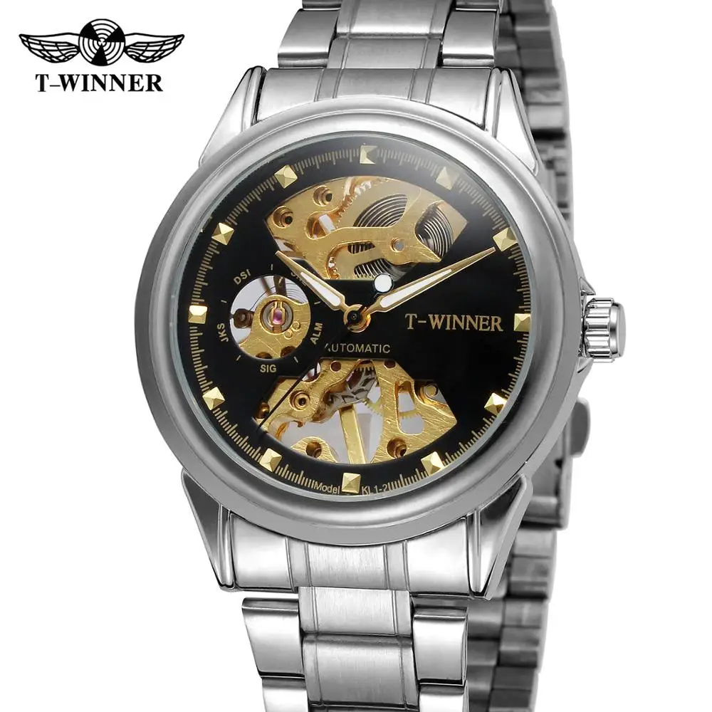 

WINNER 2019 New Design Men Watches Top Brand Luxury Watch Half Skeleton Black Golden Transparent Fashion Casual Mechanical Watch