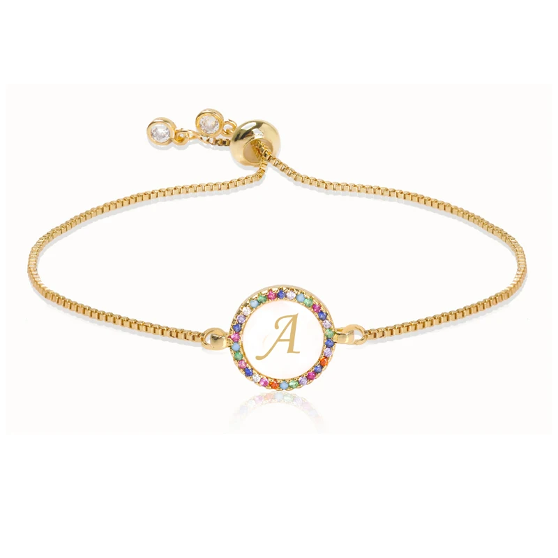 

Adjustable Rainbow Zircon 26 Letter Bracelet for Women shell Cz initial Bracelet Femme Snake Chain Jewelry Christmas gifts