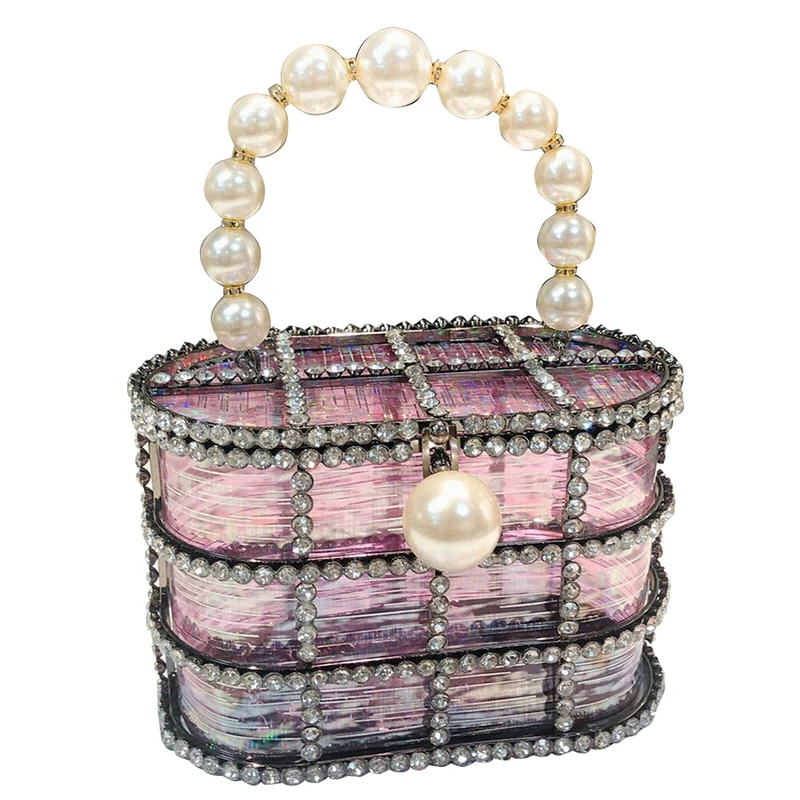 

ABZC-Pearl Vintage Women Evening Bag Metal Hollow Out Diamond Banquet Party Shoulder And Crossbody Bags Wedding Clutch Cage Hand