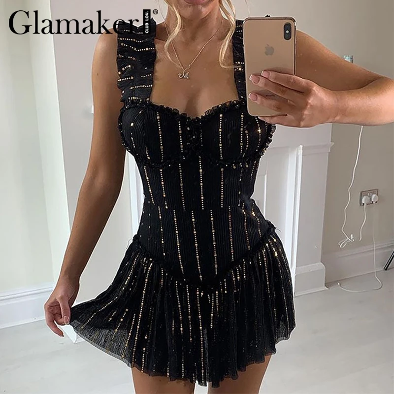 Glamaker, серебряное блестящее вечернее Золотое платье, сексуальное без спинки, без рукавов, элегантное плиссированное платье, облегающее, для вечеринки, для клуба, для девушек, зимний Сарафан - Цвет: Черный
