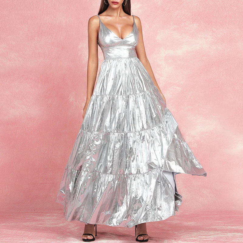 Beateen, новая мода, Vestidos, сексуальные, v-образный вырез, на тонких бретелях, женские вечерние, серебряная ткань, высокая талия, без рукавов, ТРАПЕЦИЕВИДНОЕ, макси платье