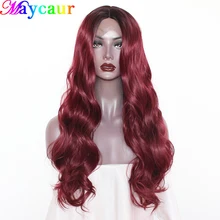 Maycaur Длинные волны цвет красного вина/зеленый парик на кружеве термостойкие синтетические волосы парики натуральная прическа для черных женщин