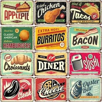 

Fried chicken,cake,cheese, beef steak, becon,tecos,burritos metal sign vintage tin plate painting wall decoration for restaurant