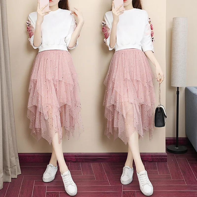 

2019 Spring Clothing New Style Ladies' Dress Two-Piece Set Half-sleeve Shirt High-waisted Slimming Set Skirt