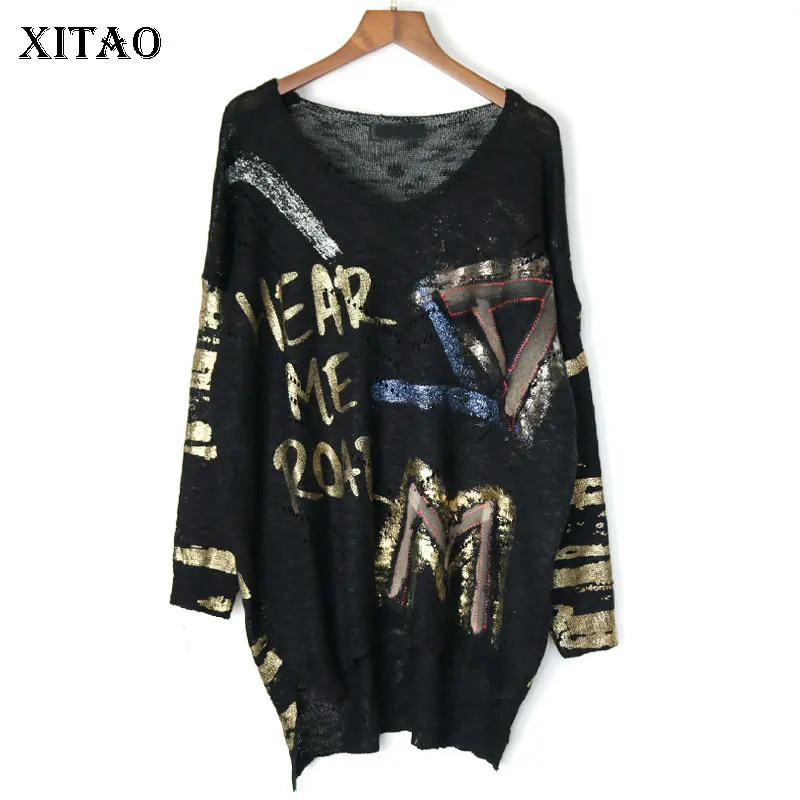 

XITAO Letter Bronzing Slim Sweater Women Clothes 2016 Fashion Loose Plus Size Pullover Knitted Sweater Top Autumn New WLD2493