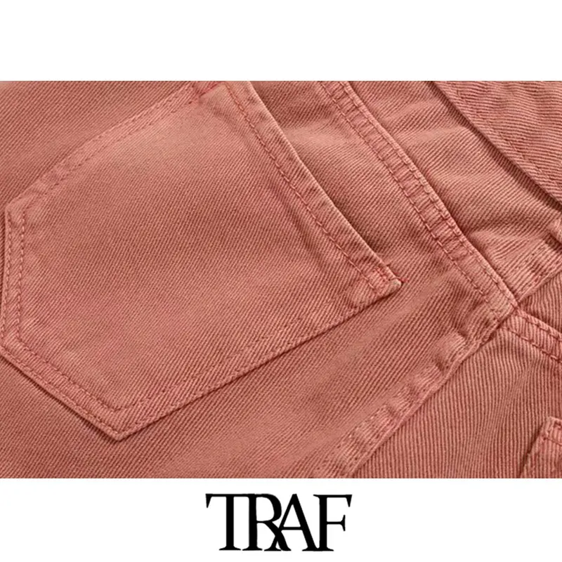 TRAF, женские винтажные шикарные штаны-шаровары с высокой талией, джинсы с эффектом потертости, модные джинсовые штаны на молнии с карманами-крылышками и дротиками
