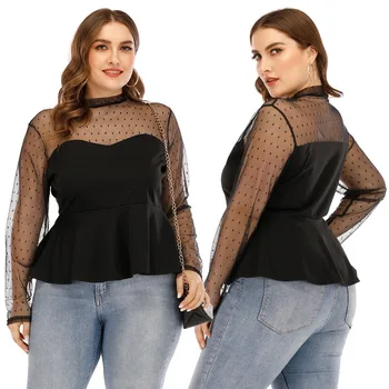 

4XL Plus Size Women Blouse Polka Dot Shirt Summer Black See Through Womens Tops and Blouses Patchwork Mesh Blouse Vintage Blouse