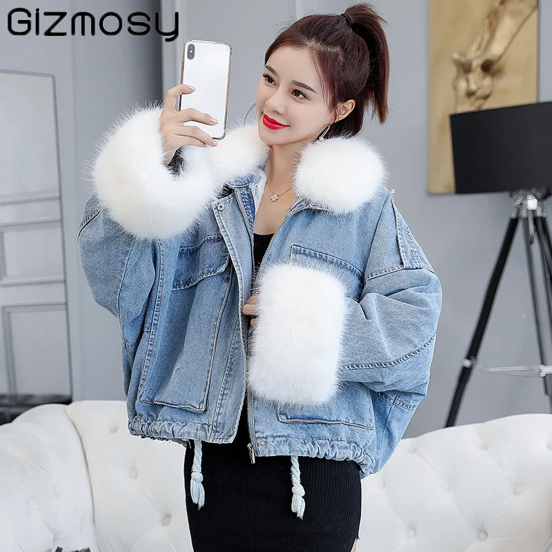 Gizmosy 2022 Winter Loose Denim Jacket Women Oversized Fur Collar Plus Velvet Padded Vintage Cotton Thick Warm Jean Coat | Женская
