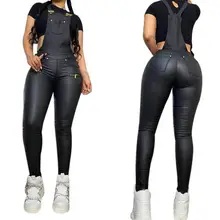 

Dropshipping Women Jumpsuit Solid Color Pockets Autumn Winter High Waist Zipper Imitation Leather Jumpsuit for Night Club