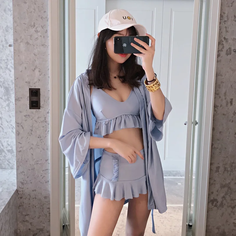 

2019 New Blue Color Skirt Three-piece Set Two-piece Swimsuits Women's Underwire Push up High-waisted Slimming Cover Meat Hot Spr