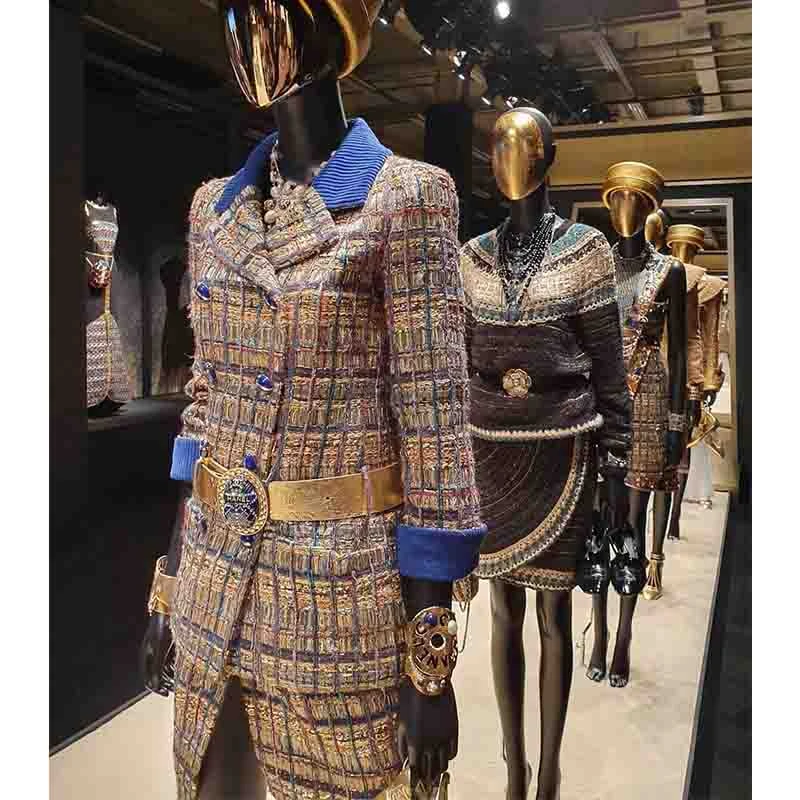 

Cosmicchic 2019 Autumn Women Runway Luxury Tweed Jacket Gold Line Double Breasted Patchwork Vintage Jacket Elegant Jackets Tunic