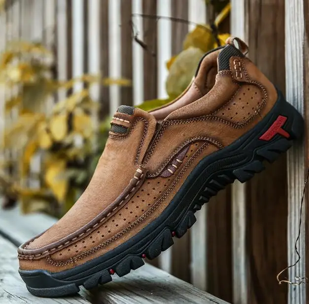 Мужские дышащие походные спортивные ботинки; мужские походные ботинки; удобные кроссовки из воловьей кожи - Цвет: brown