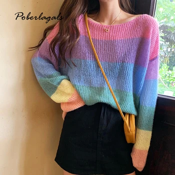 

Autumn winter Knitted Rainbow striped sweater female 2019 Korean knit Pullovers bottom long sleeve Shirt ladies sweater pullover
