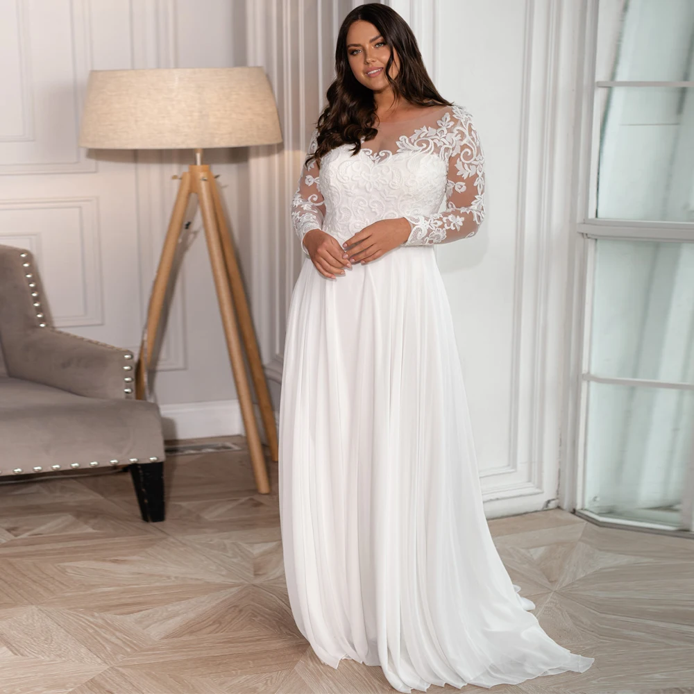 

Plus Size Vestidos De Novia Elegant Wedding Dresses Long Sleeves Chiffon Applique Pleat Bateau Lace Up A-Line Bridal Gowns 2024