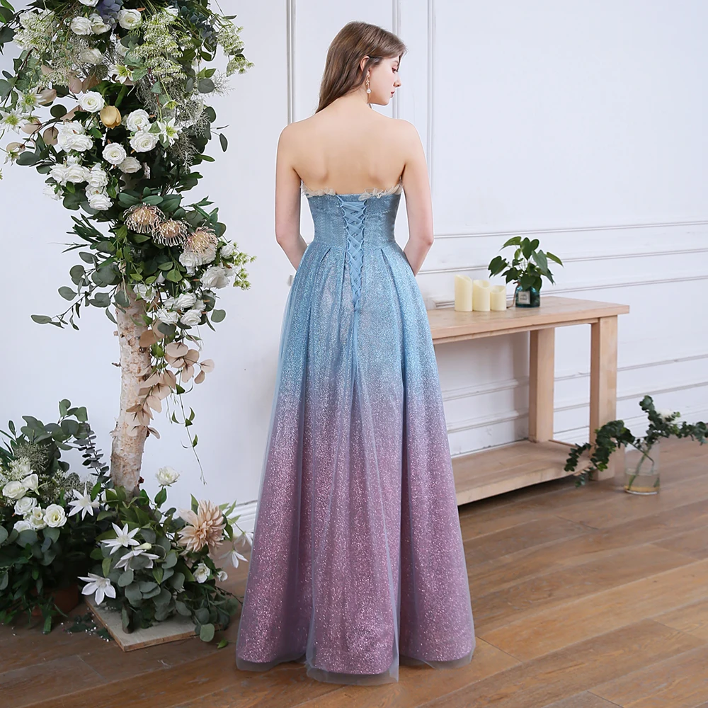 SSYFashion, новое вечернее платье для банкета, сверкающее, без бретелек, с блестками, градиентное, голубое, фиолетовое, мечта, Длинные вечерние платья, Vestido De Noche