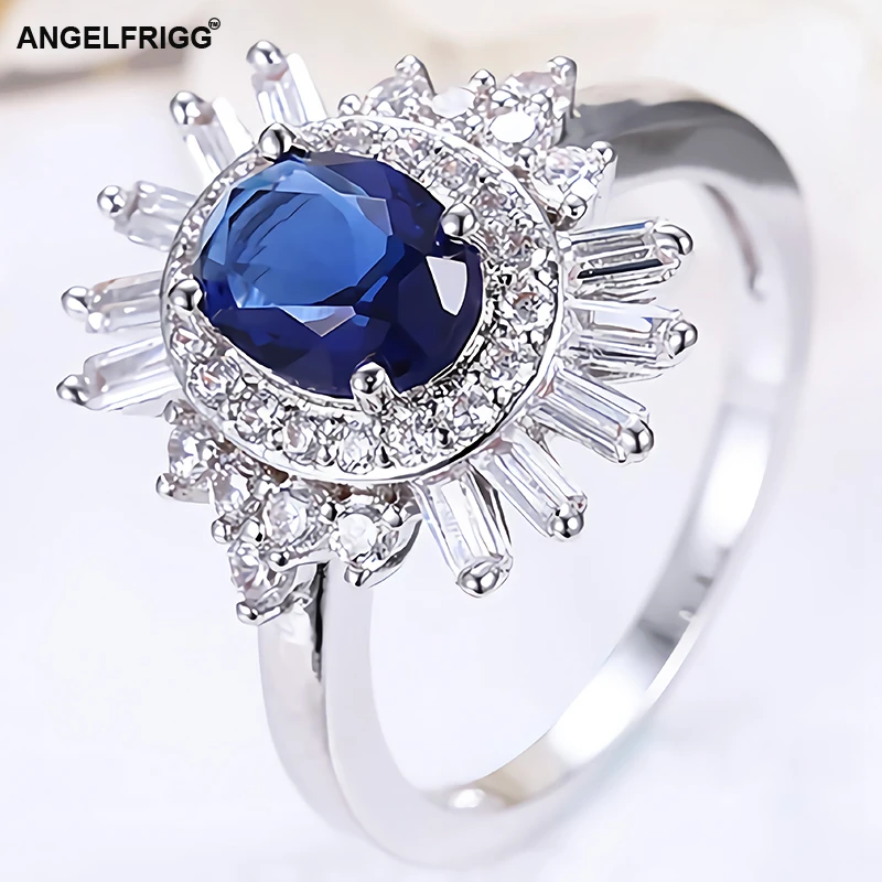ANGELFRIGG горячая Распродажа серебряные цветные кольца с синим овальным фианитом