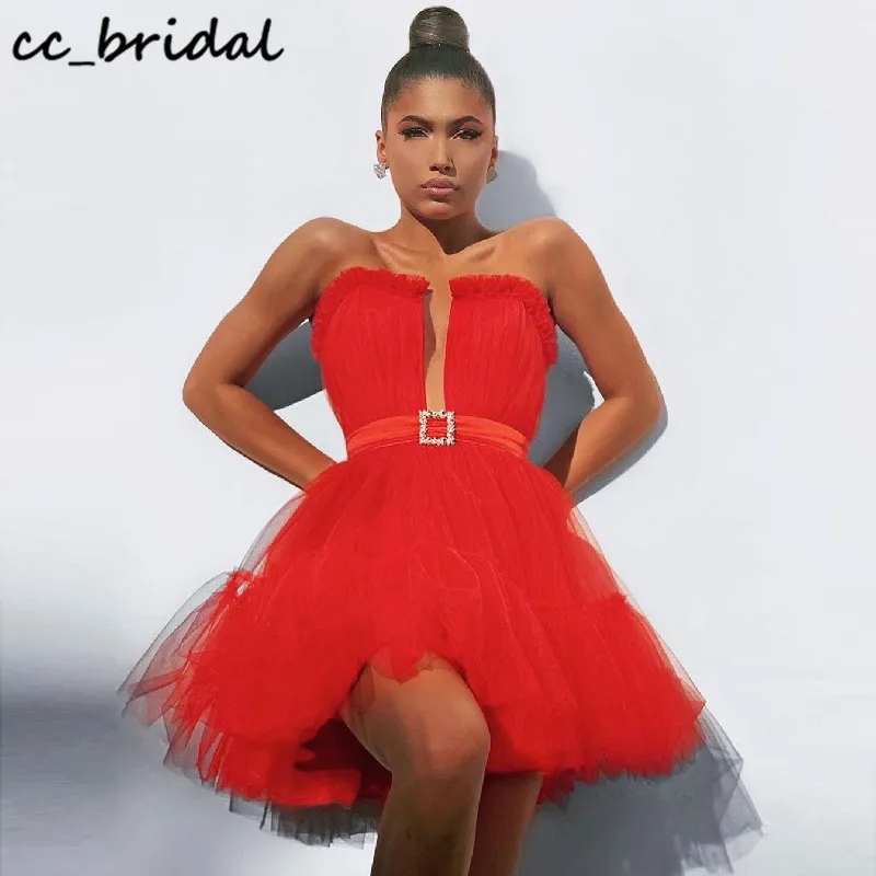 

Red Black Short Cocktail Dresses 2020 Elegant Backless Prom Party Gowns For Women Sheer Puffy Tulle vestidos de fiesta de noche