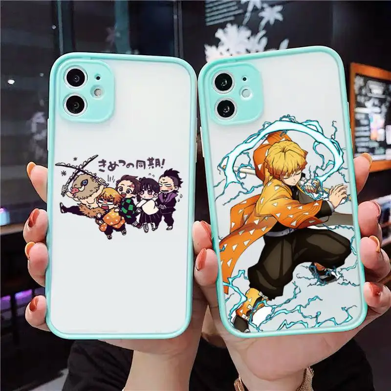 Anime Demon Slayer Phone Case For iPhone 12 11 Mini Pro XR XS Max 7 8 Plus X Matte transparent blue Back Cover | Мобильные телефоны