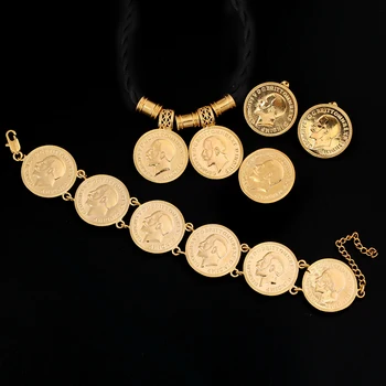 

Ethiopian Gold Color Coin Necklace Pendant Earrings Ring Bracelet Trendy Jewelry Sets