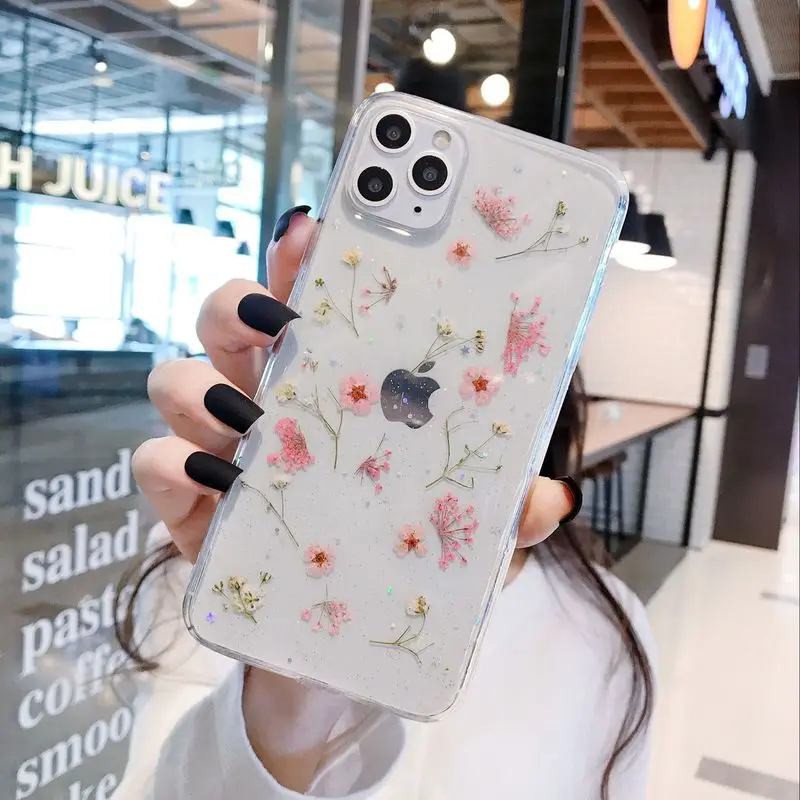 Прозрачный чехол с блестками Real Dry Flower для iPhone 12 11 Pro Max прозрачные чехлы XS X XR 8 7 Plus