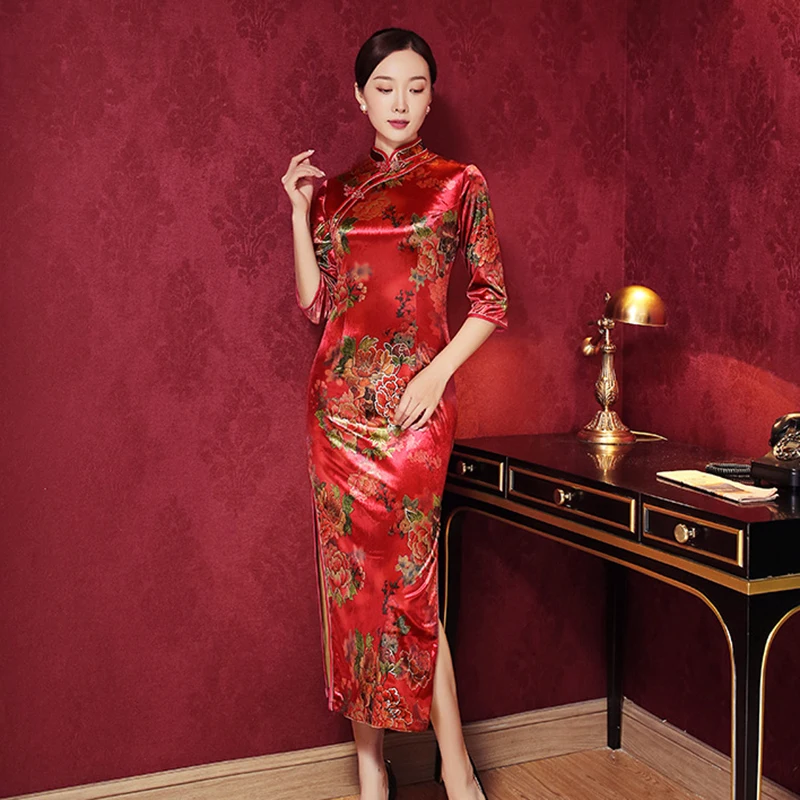 Сексуальное женское вечернее платье Cheongsam с воротником мандарина, велюровое платье Ципао с разрезом, черное традиционное платье с цветочным принтом и цветочным принтом