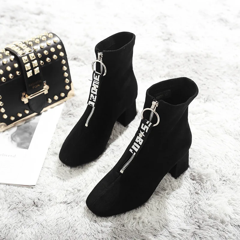 

Square toe riband letter chelsea boots metal round buckle martin botines zipper matte chunky ankle botas winter women shoes 2019