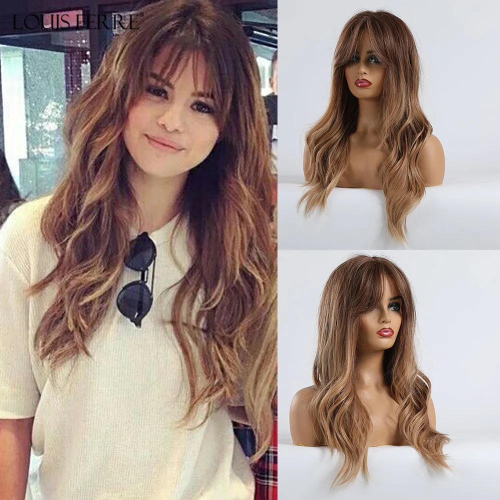 

LOUIS FERRE Long Synthetic Wavy Wigs with Bangs Ombre Brown Honey Heat Resistant Fiber Hair For Black/White Women Cosplay/Party
