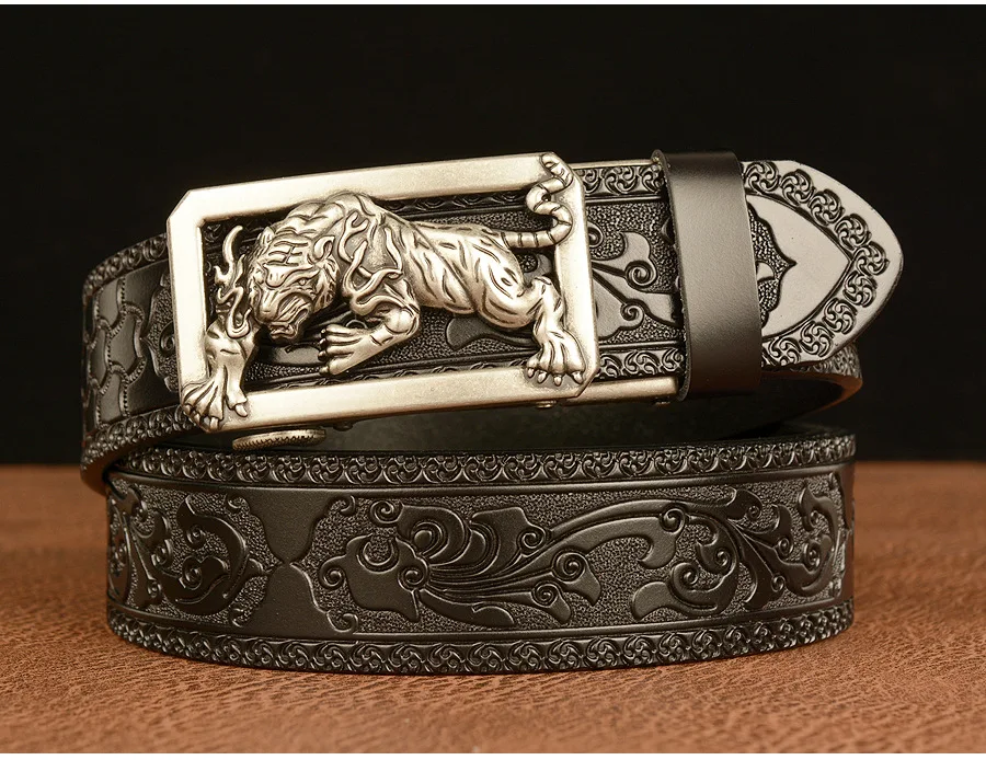 QHA Mens Tiger Face Genuine Leather Belt For Men Luxury Fashion Casual Buckle 