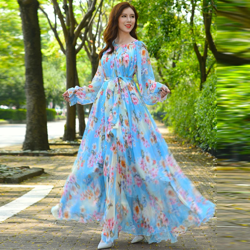 

2021 Spring Women's Chiffon Floral Print Party Maxi Dress Hawaii bangkok Dress garments Plus Size Beach Wedding bridesmaid Dress