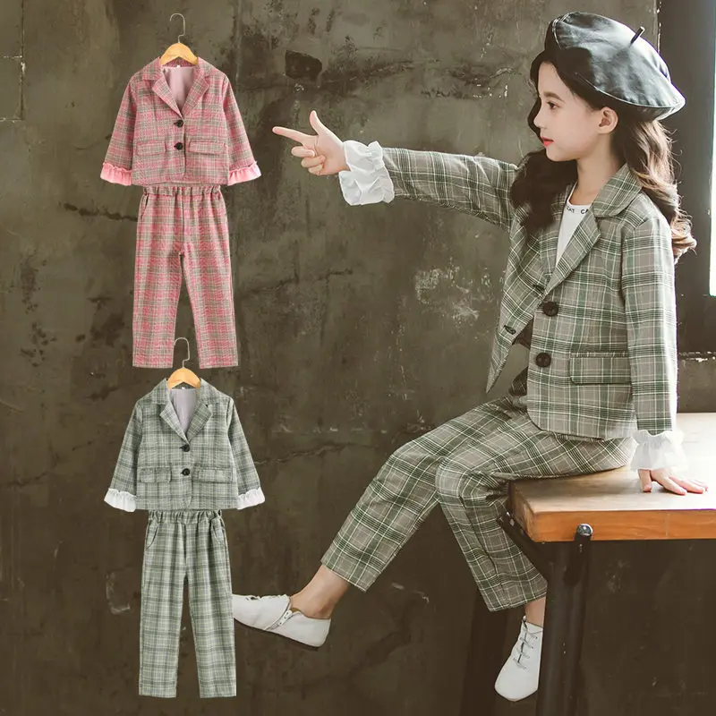 

Teenage Girls Clothing Set Autumn Girls Plaid Suit Jackets +Pants School Tracksuit Girls Clothes Children Clothes 4-13 Years