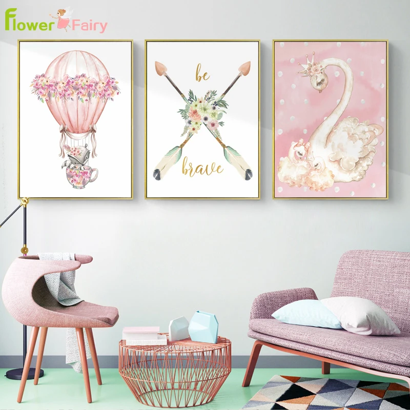 

Pink Swan Flamingo Wall Art Canvas Painting Nursery Cartoon Nordic Poster Wall Pictures For Living Room Home Decor Unframed