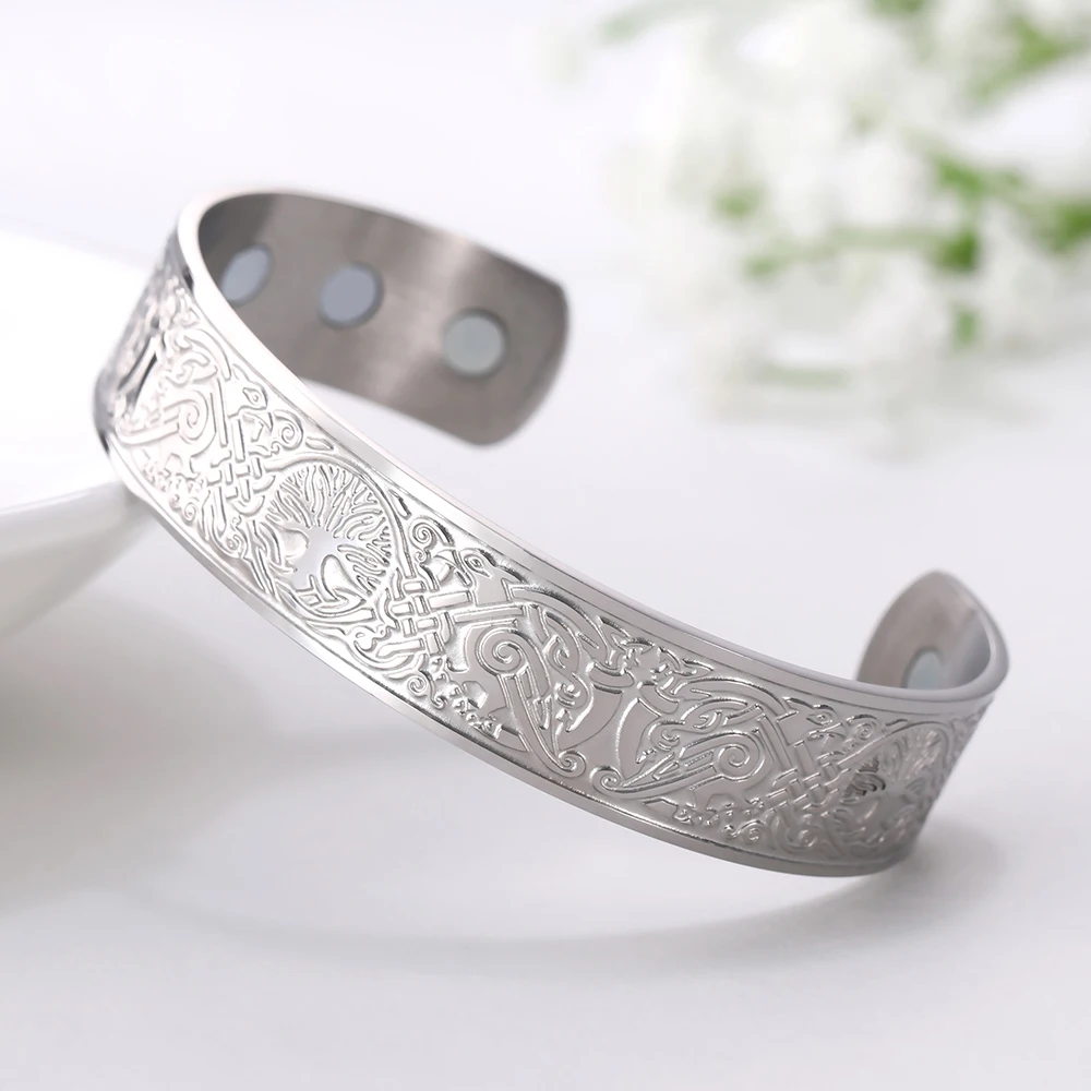 Viking Bangles Endless Love Knots Tree of Life Birds 316L Stainless Steel Cuff Magnetic Bangle Therapy Health Men Jewelery