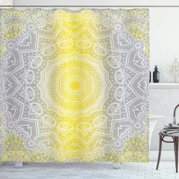 

Grey and Yellow Shower Curtain Mandala Ombre Old Boho Pattern with Spiral Round Floral Print Cloth Fabric Bathroom Decor Set