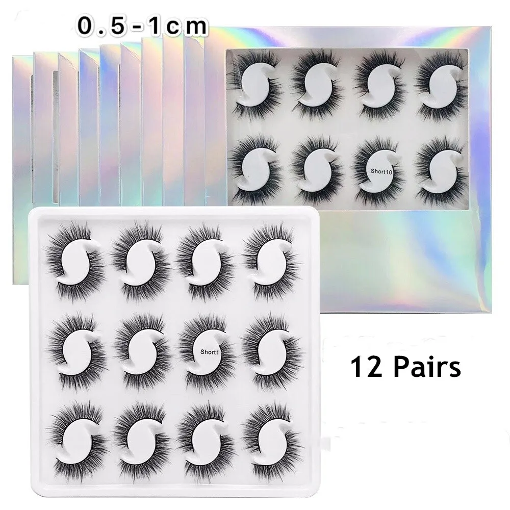 

Short Mink Eyelashes 12 Pairs Extended Lashes Bulk Fluffy Thick 3D Lashes With Laser Paper Box Packaging Wholesale