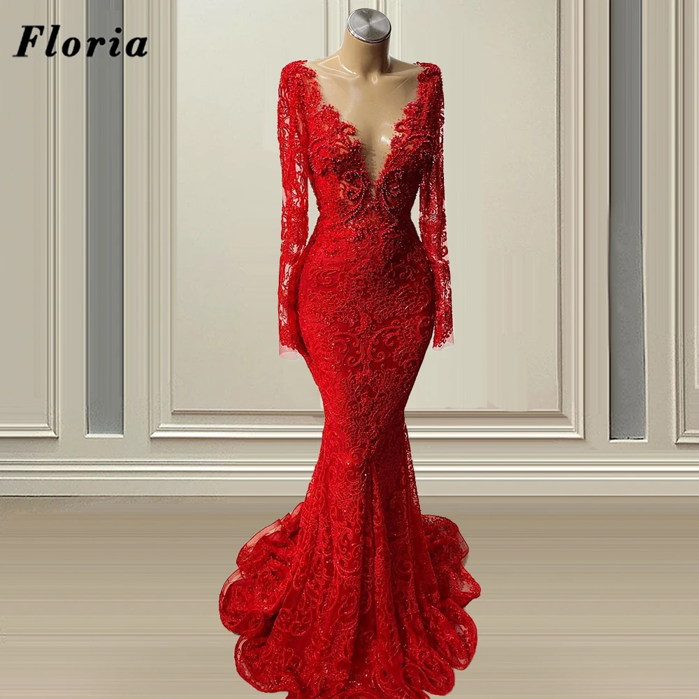 

Red Beading V Neck Celebrity Party Dresses 2021 Couture Lace Mermaid Evening Gowns Arabic Dubai Long Prom Dress Robe De Soiree