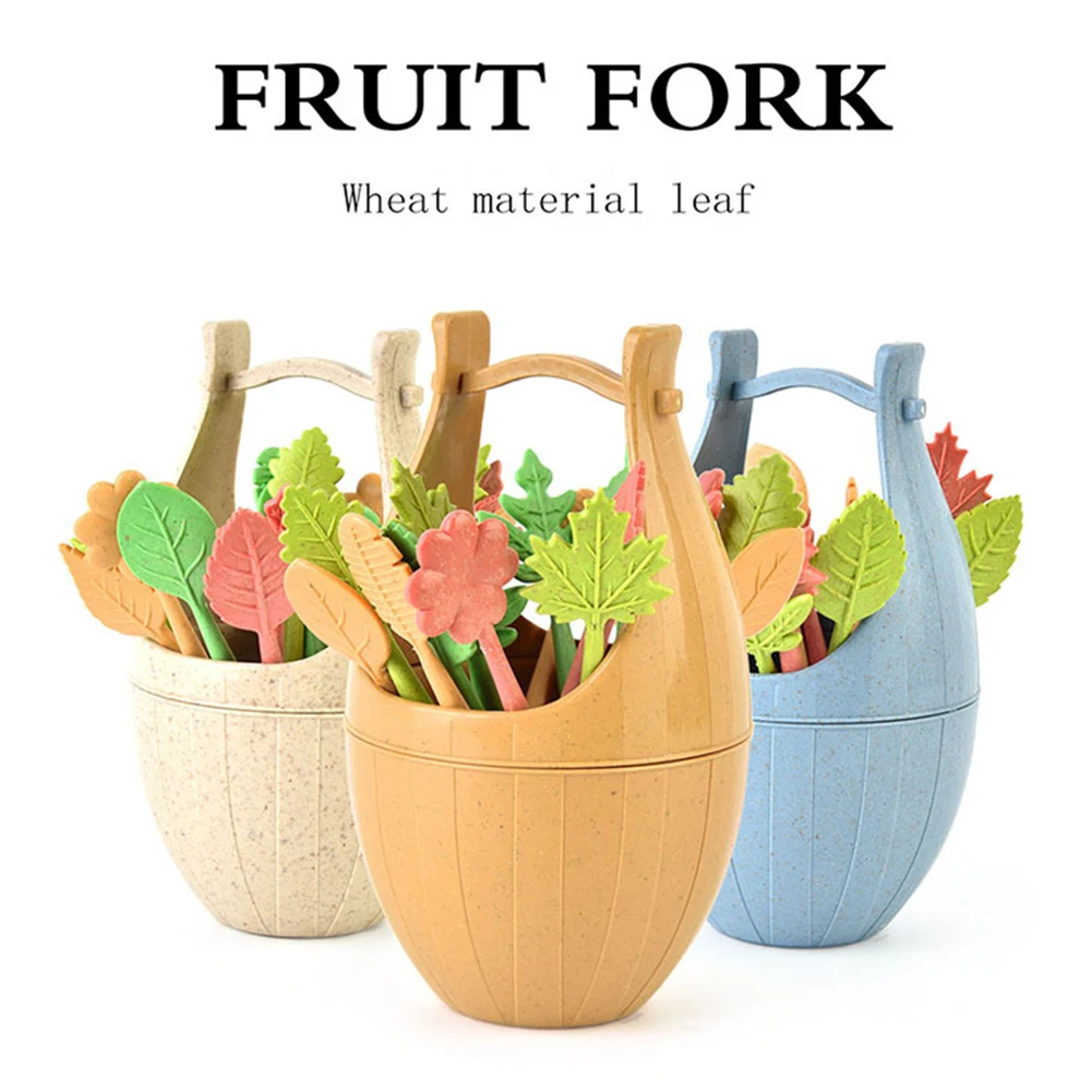 16pcs Flower Leaf Design Fruit Forks Set Wheat Straw Party BBQ Cocktail Supplies Snack Cake Salad Pick Toothpick with 1pc Bucket